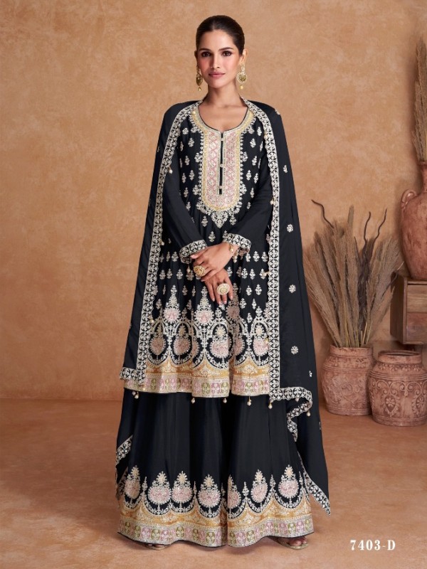 Real Chinon Party Wear Sharara In Grey With Embroidery Work 