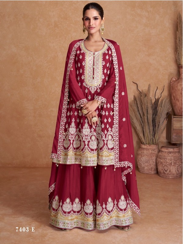 Real Chinon Party Wear Sharara In Maroon With Embroidery Work 
