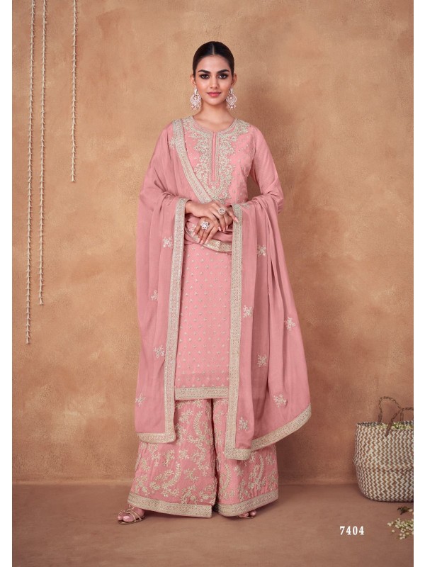Real Chinon Party Wear Sharara In Pink  With Embroidery Work 