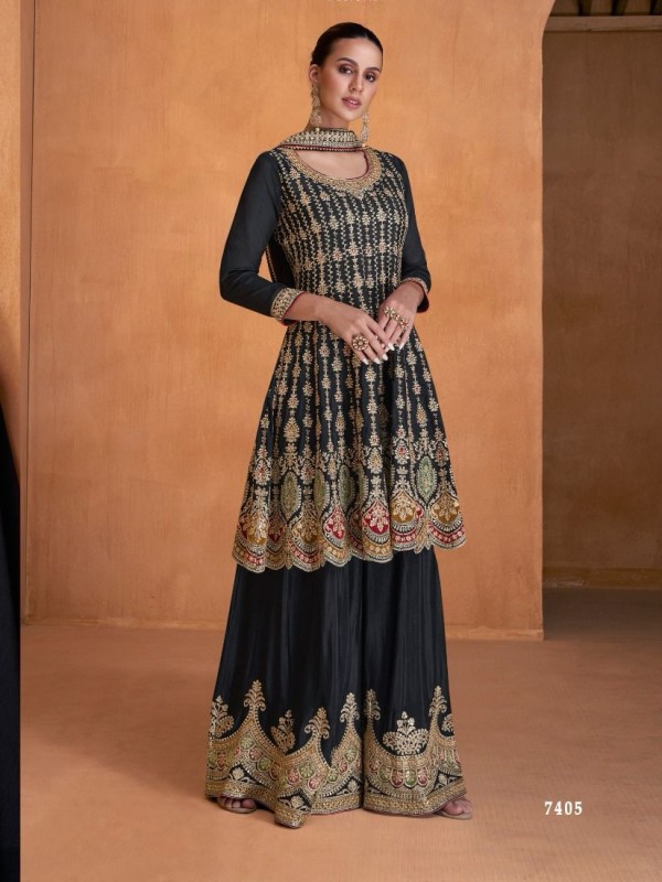 Real Chinon Party Wear Sharara In Black With Embroidery Work 