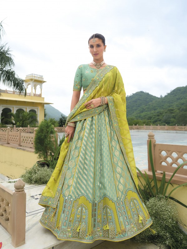 Pure Dola Silk Wedding Wear Lehenga in Sea Green Color With Embroidery work