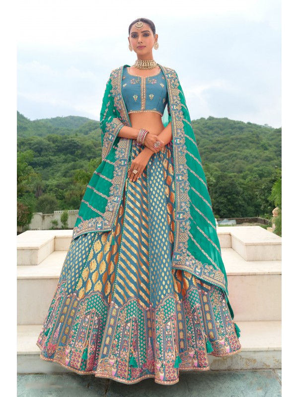 Pure Dola Silk Wedding Wear Lehenga in Turquoise Color With Embroidery work