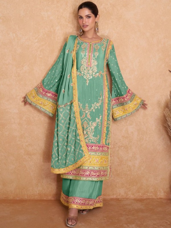 Pure Chinon Party Wear Sharara In Pastel Green With Embroidery Work 