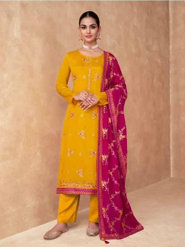 Chinon  Party Wear Suit In Yellow With Embroidery Work 