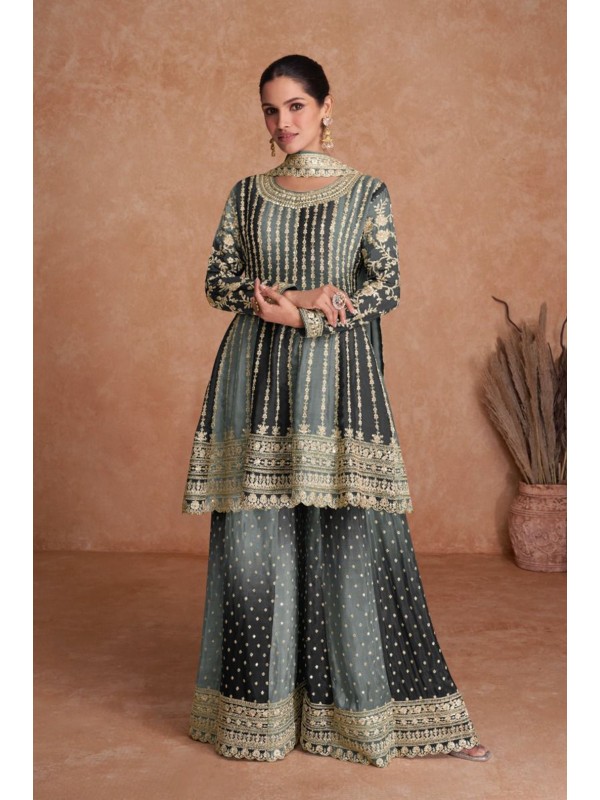 Pure Chinon Silk  Party Wear Sharara In Grey Color  With Embroidery Work 