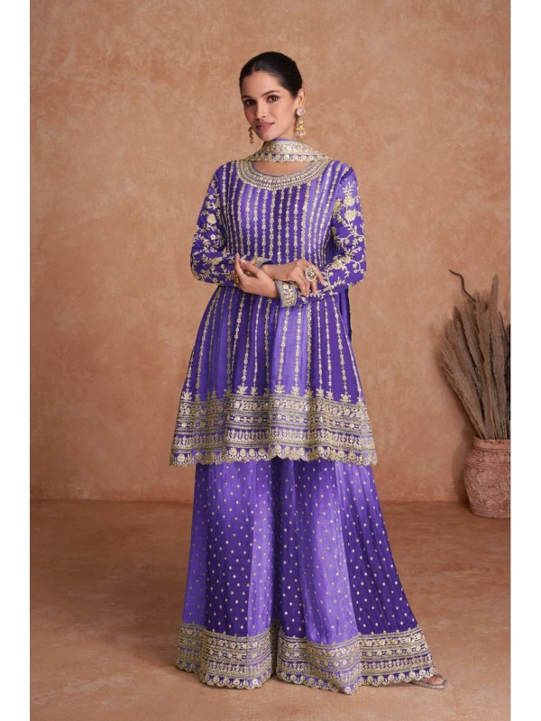 Pure Chinon Silk  Party Wear Sharara In Purple Color  With Embroidery Work 