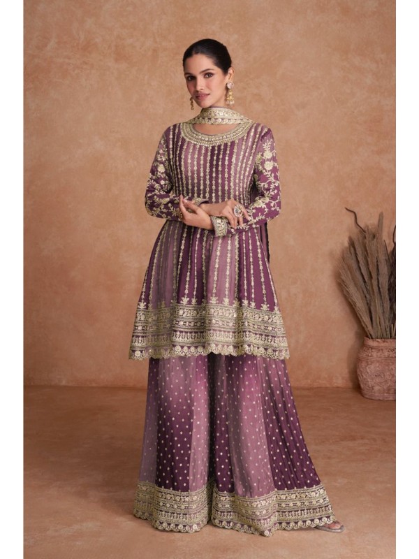 Pure Chinon Silk  Party Wear Sharara In Mauve Color  With Embroidery Work 