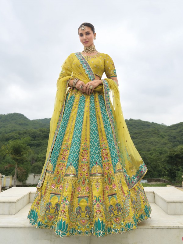 Pure Dola Silk Wedding Wear Lehenga in Multi Color With Embroidery work