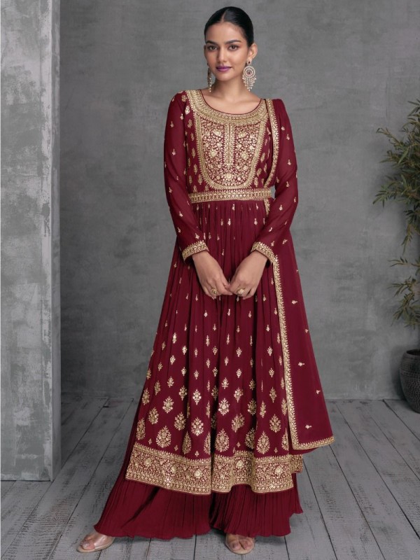 Pure Georgette Party Wear Plazo in Maroon Color with  Embroidery Work