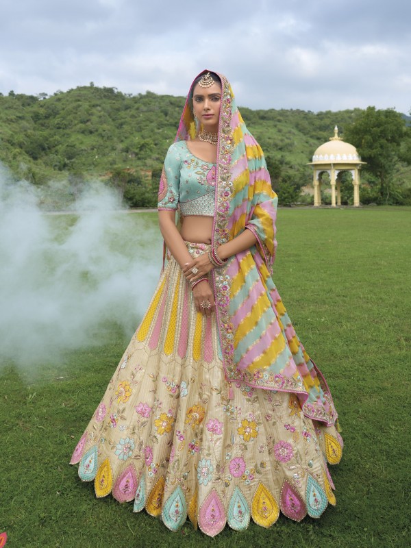 Pure Dola Silk Wedding Wear Lehenga in Multi Color With Embroidery work