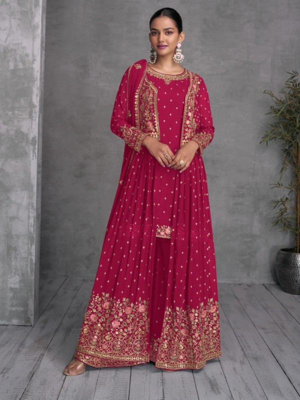 Pure Georgette Party Wear Plazo in Pink Color with  Embroidery Work