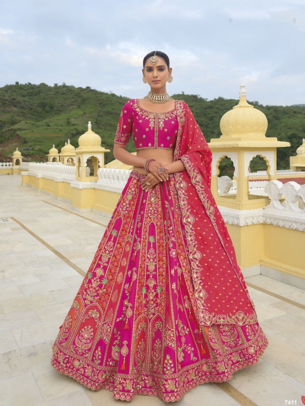 Pure Dola Silk Wedding Wear Lehenga in Rani Pink Color With Embroidery work