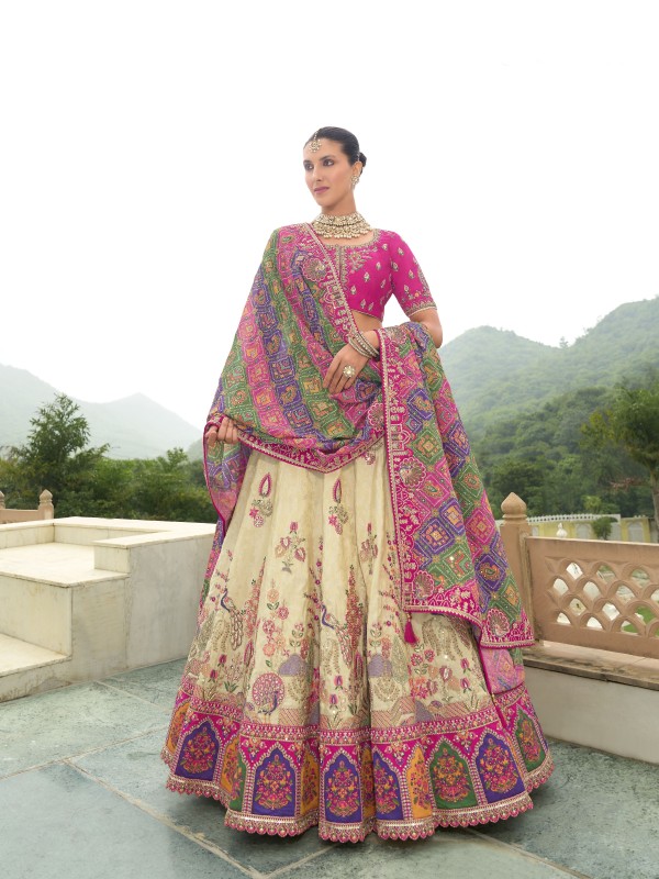 Pure Dola Silk Wedding Wear Lehenga in Cream & Pink Color With Embroidery work