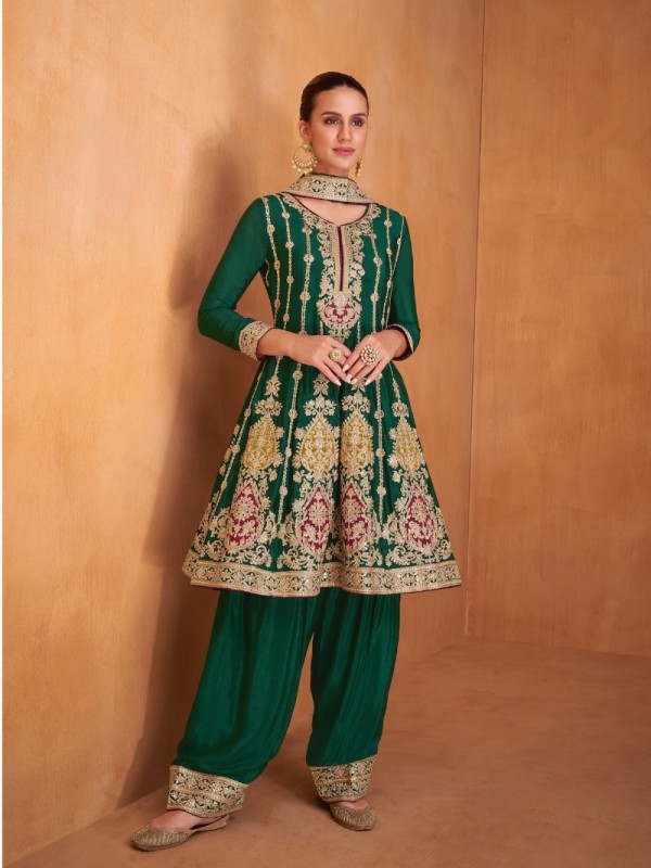 Chinon Silk Party Wear Suit in Green Color with Embroidery Work