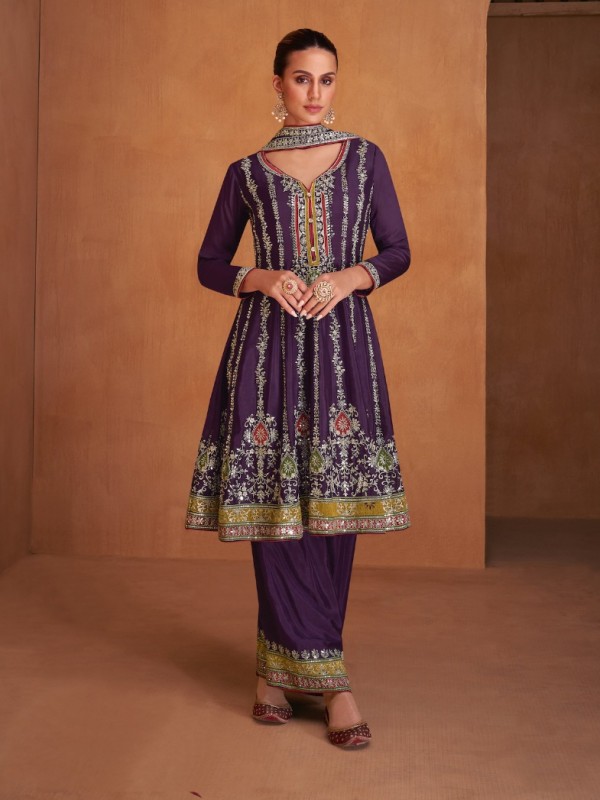 Chinon Silk Party Wear Suit in Purple Color with Embroidery Work