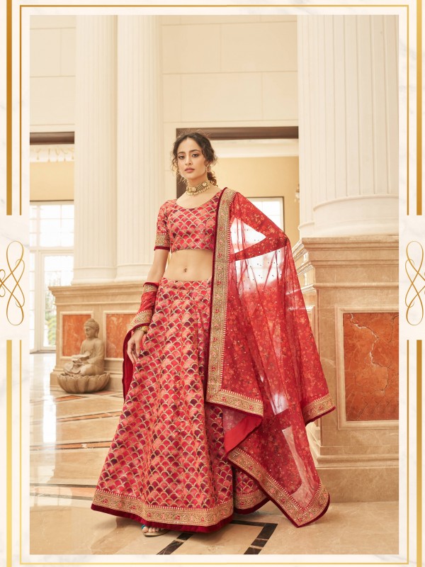 Silk Fabrics Party Wear Lehenga in Red Color With Embroidery Work