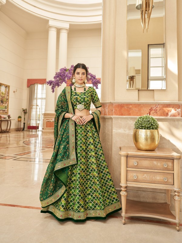 Silk Fabrics Party Wear Lehenga in Green Color With Embroidery Work