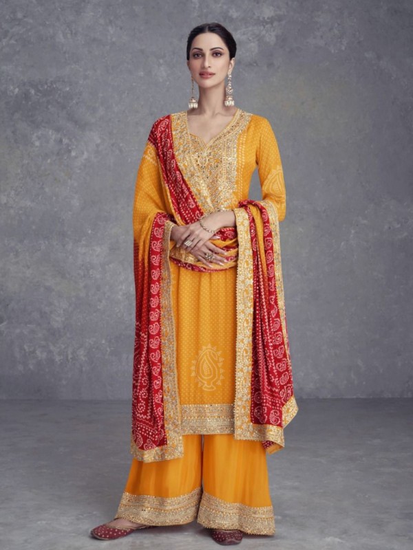 Pure Chinon Silk  Party Wear Plazo In Yellow  Color  With Embroidery Work 
