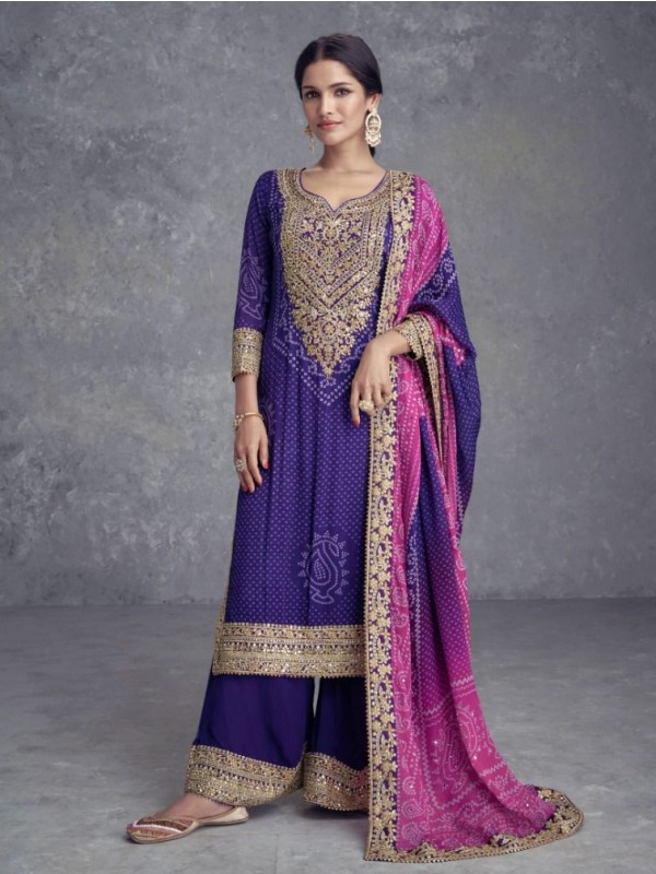 Pure Chinon Silk  Party Wear Plazo In Purple  Color  With Embroidery Work 