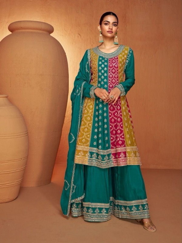  Chinon  Silk Party Wear Sharara in Turquoise Color with Embroidery Work
