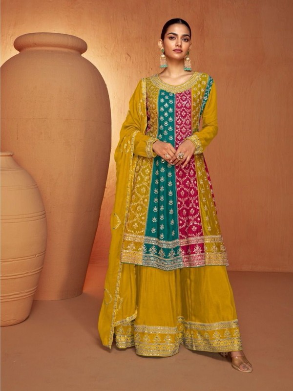 Chinon  Silk Party Wear Sharara in Yellow Color with Embroidery Work