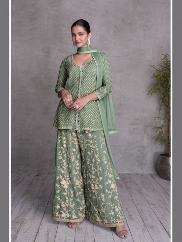 Pure Chinon Party Wear Sharara In Pastel Green With Embroidery Work 