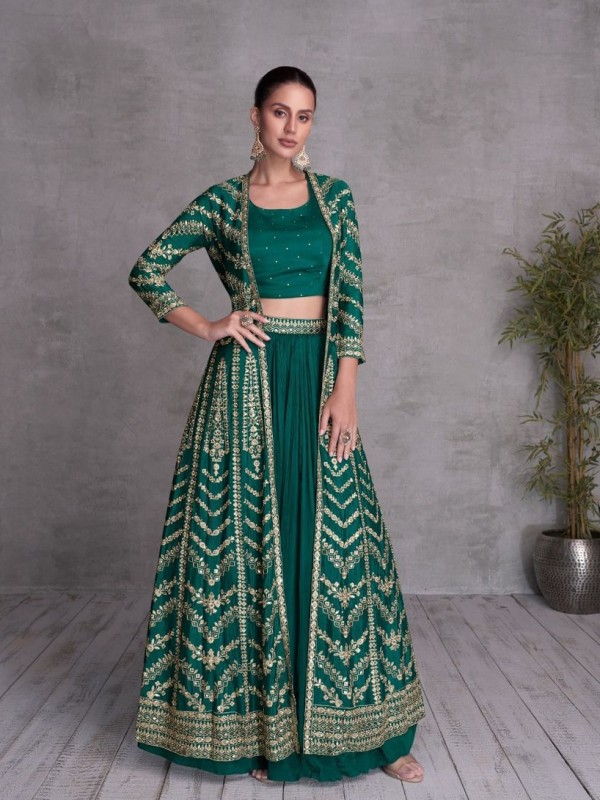 Pure Chinon Party Wear Sharara In Green With Embroidery Work 