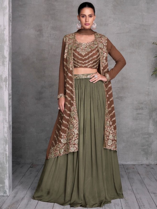 Pure Chinon Silk Fabrics Party Wear 3 Peace Set In Green & Coffee Color With Embroidery Work