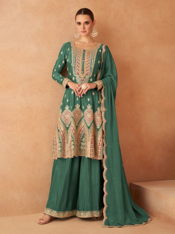 Pure Chinon Silk Party Wear Sharara in Green Color with Embroidery Work