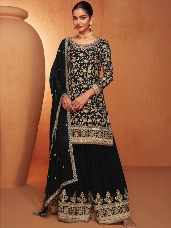 Pure Chinon Silk  Party Wear Sharara In Black Color  With Embroidery Work 