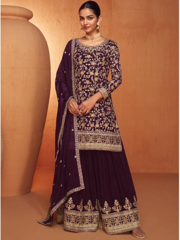 Pure Chinon Silk  Party Wear Sharara In Violet Color  With Embroidery Work 