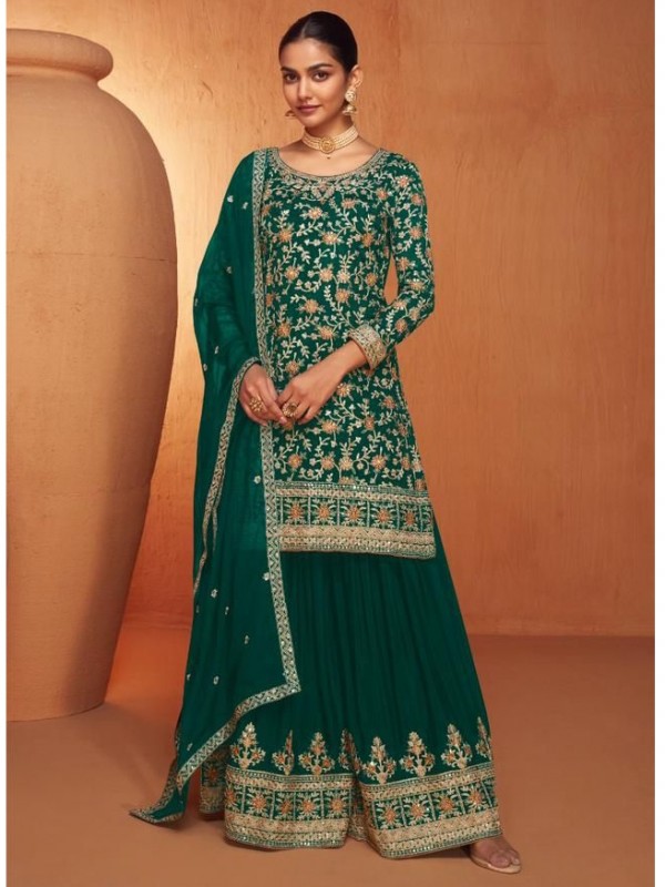 Pure Chinon Silk  Party Wear Sharara In Teal Green Color  With Embroidery Work 