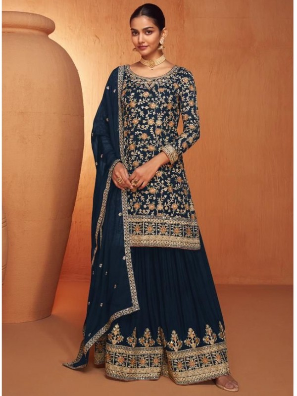 Pure Chinon Silk  Party Wear Sharara In Teal Blue Color  With Embroidery Work 