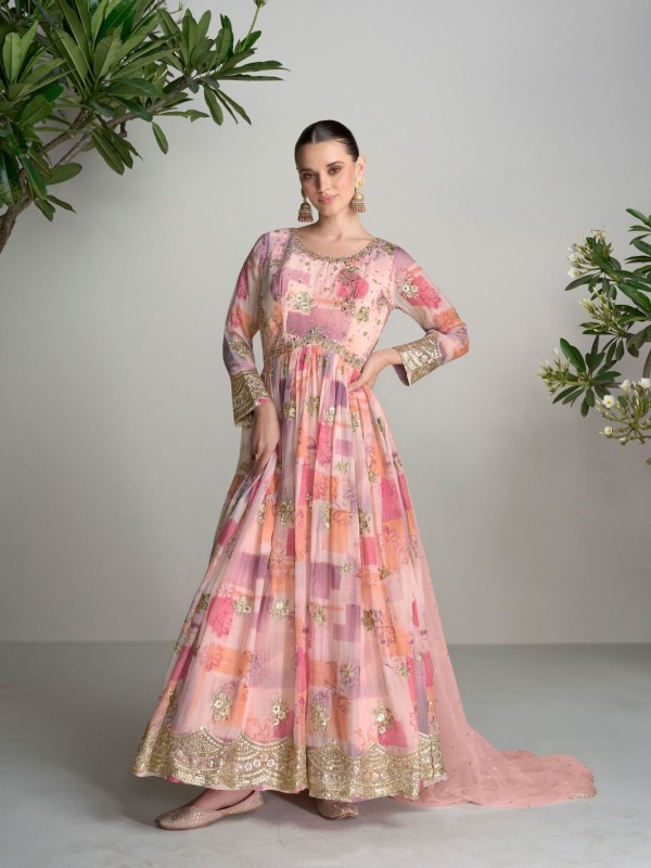 Real Chinon Party Wear Gown Pink Color with  Embroidery Work