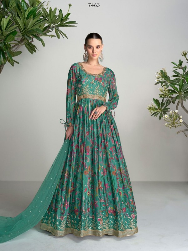 Real Chinon Party Wear Gown Sea Green Color with  Embroidery Work