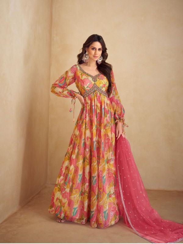 Real Chinon Party Wear Gown Multi Color with  Embroidery Work