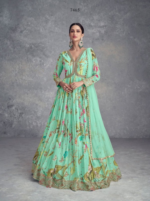 Real Chinon Party Wear Gown Turquoise Color with  Embroidery Work