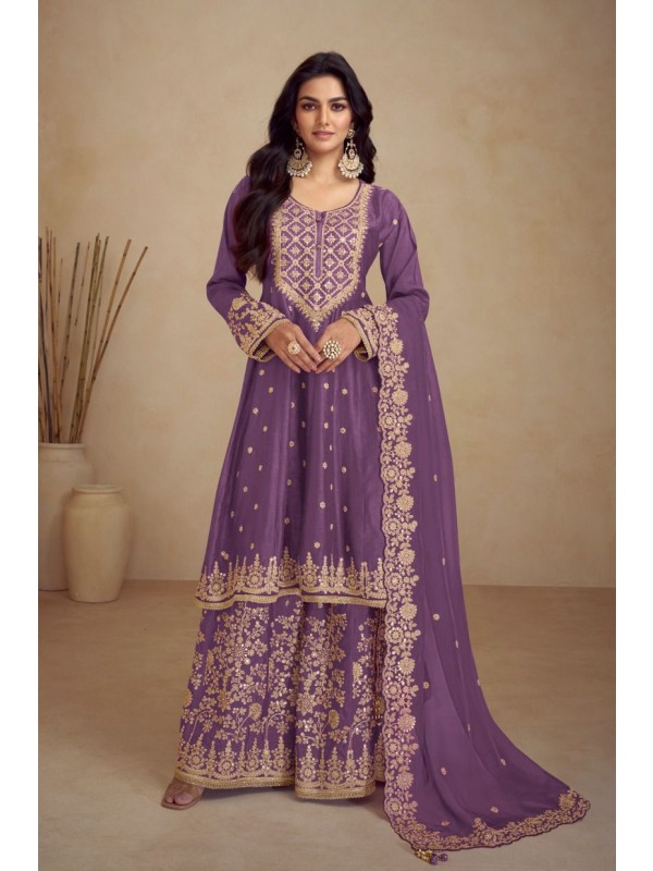 Pure Chinon Silk Party Wear Sharara In Purple Color With Embroidery Work 