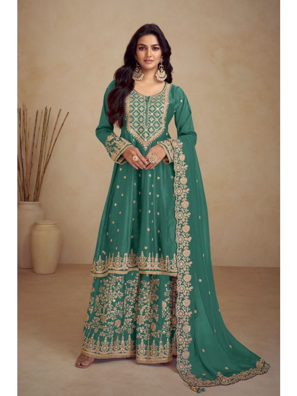 Pure Chinon Silk Party Wear Sharara In Green Color With Embroidery Work 