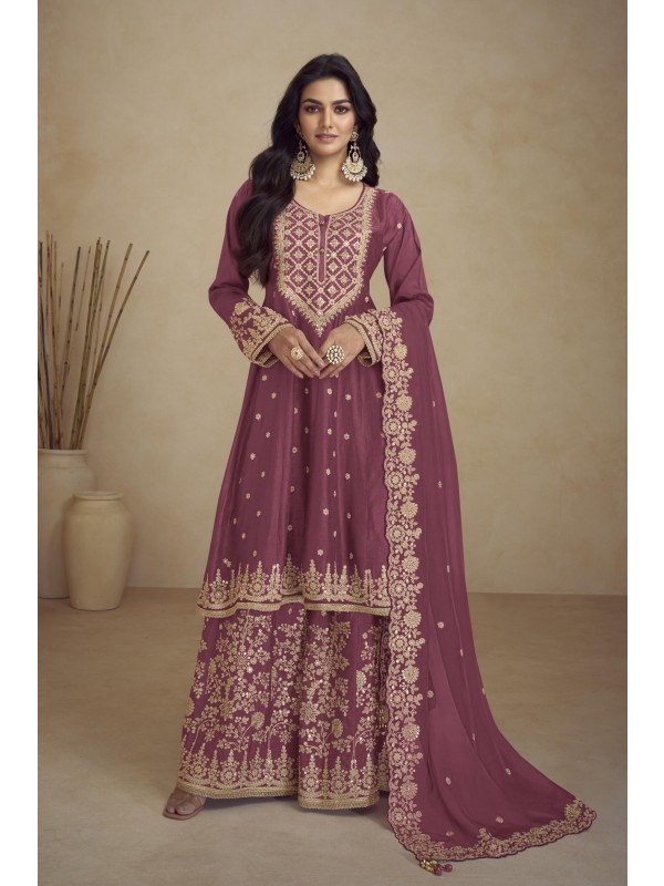 Pure Chinon Silk Party Wear Sharara In Pink Color With Embroidery Work 