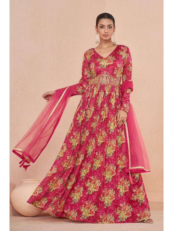 Pure Georgette  Silk  Party Wear Gown In Pink Color  With Embroidery Work 