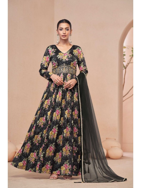 Pure Georgette  Silk  Party Wear Gown In Black Color  With Embroidery Work 
