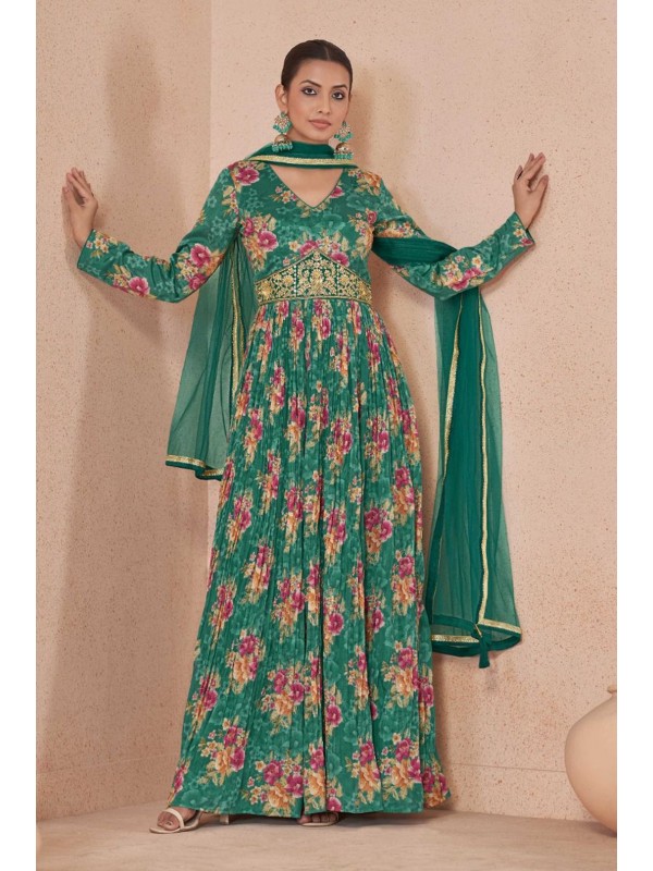 Pure Georgette  Silk  Party Wear Gown In Turquoise  Color  With Embroidery Work 
