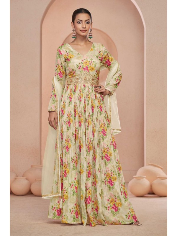 Pure Georgette  Silk  Party Wear Gown In Cream Color  With Embroidery Work 