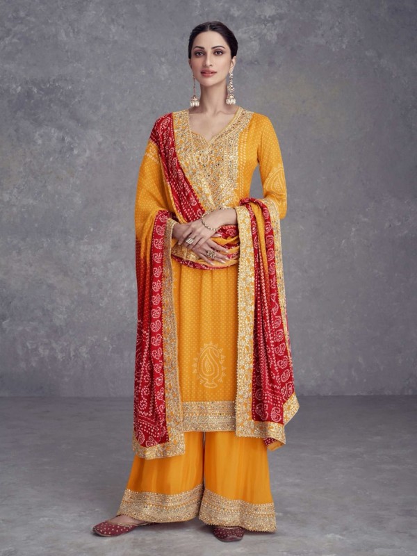Pure Chinon Silk Party Wear Sharara Mustard Color with Embroidery Work