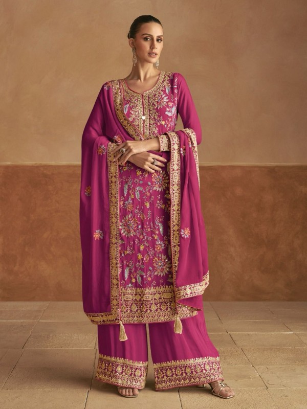 Real Chinon Silk Party Wear Sharara Pink Color with Embroidery Work