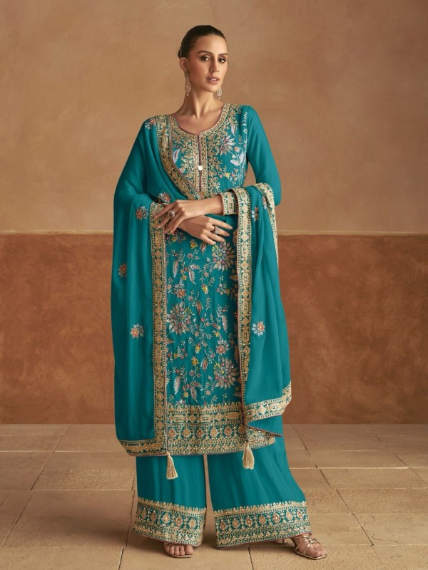 Real Chinon Silk Party Wear Sharara Turquoise Blue Color with Embroidery Work