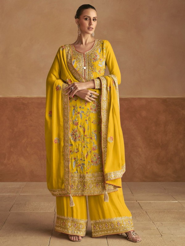 Real Chinon Silk Party Wear Sharara Yellow Color with Embroidery Work