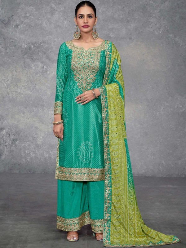 Pure Chinon Silk Party Wear Sharara Green Color with Embroidery Work