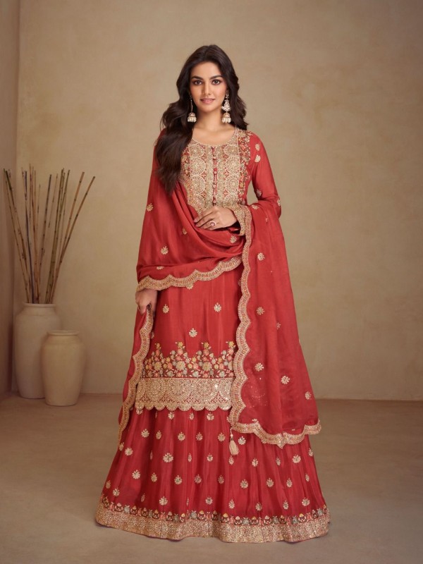 Real Chinnon Silk Party Wear Sharara Orange Color with Embroidery Work